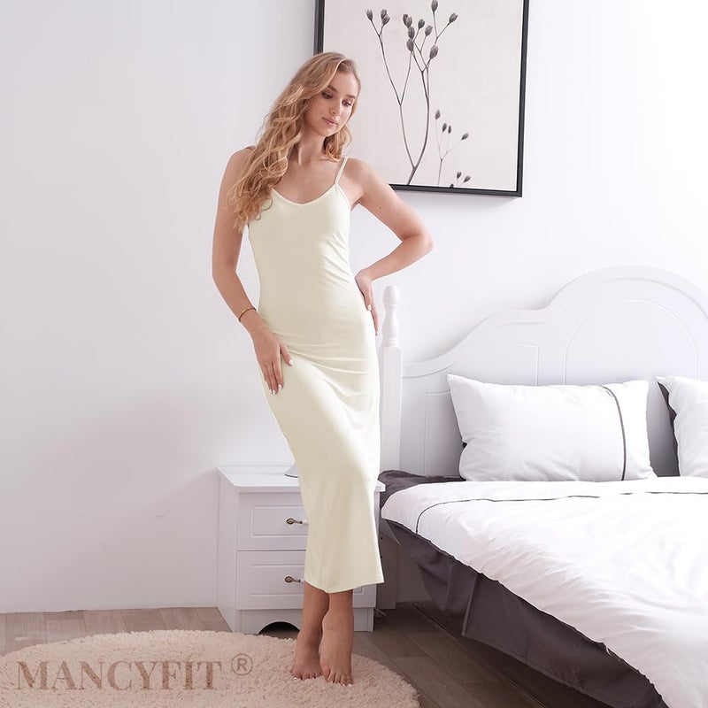 MANCYFIT Long Slips for Under Dresses Full Length Adjustable Spaghetti Strap Nightgown Beige Small - Image 4